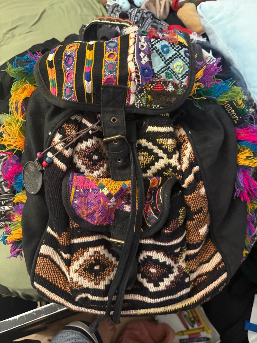 Black Multicolor Ethnic-Patterned Backpack